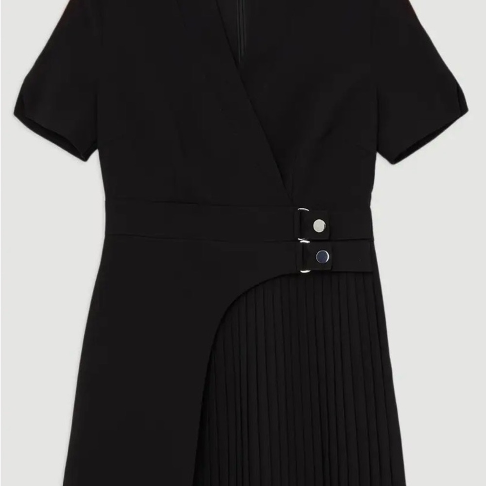 Karen Millen Military Black Pleat Wrap-Front Mini Dress with Side Buckle Size 16 - Picture 3 of 15